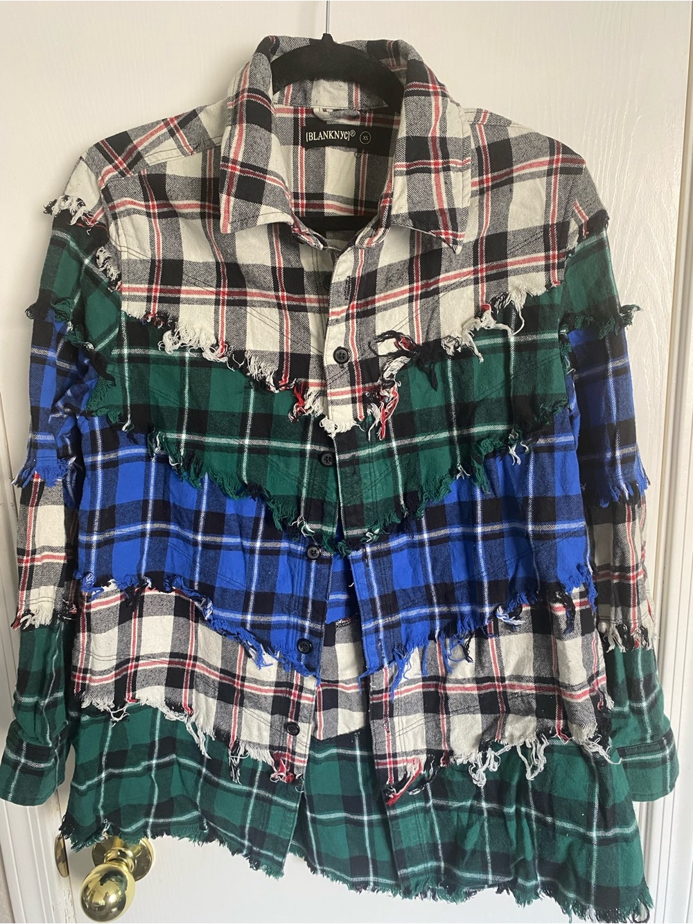 [BLANKNYC] Patchwork Frayed Raw Edge Plaid Flannel Shirt Jacket Size XS